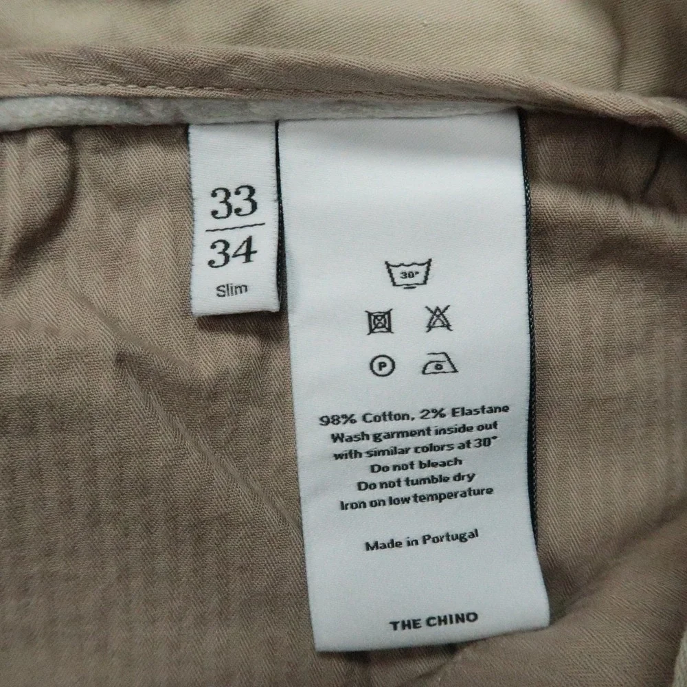 Asket Pants Mens 33x34 Beige The Chino Slim Fit Straight Flat Front Trouser